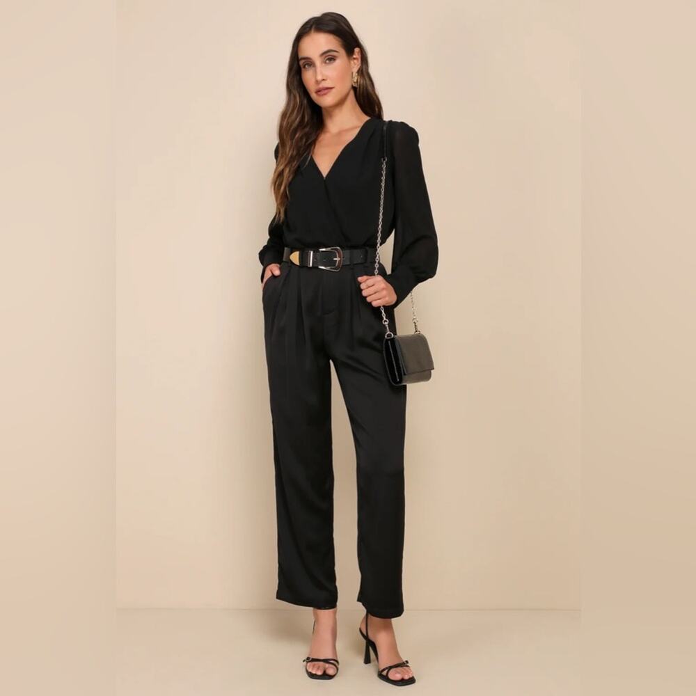 Lulus Sophisticated Aspect Black Chiffon Surplice Long Sleeve Bodysuit - Picture 3 of 7